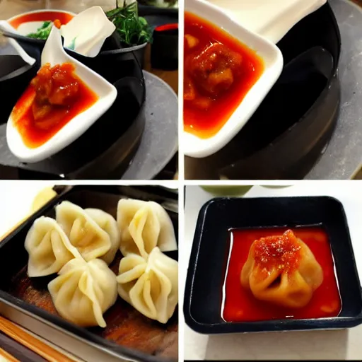 Image similar to delicious dumplings with chili sauce made by hayao miyazaki!!