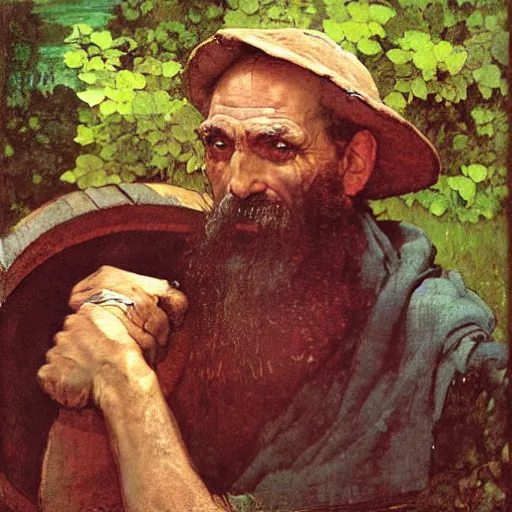 Image similar to Portrait Portrait of Diogenes the Cynic donning hobo costume whilst resting in an enormous wine cask winslow homer theodore gericault norman rockwell donato giancola john william waterhouse maxfield parrish mikhail vrubel arkhip kuindzhi astri lohne stained lacquer glaze