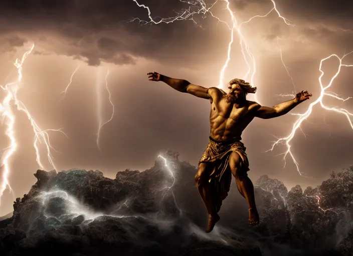 Prompt: god zeus throwing lightning at titan chronos. mythology style. highly detailed 8 k. intricate. lifelike. soft light. sony a 7 r iv 5 5 mm. [ cinematic post - processing ].