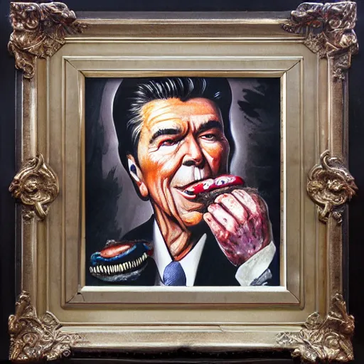 Image similar to surreal grotesque kitsch low-brow portrait of Ronald Reagan emerging from deep shadows eating hamburgers, extra onions and ketchup, luscious patty with sesame seeds, figure in the darkness, serving big macs, painted by John Singer Sargant, Adrian Ghenie, style of William Blake, watercolor, highly detailed, 8k, trending on artstation