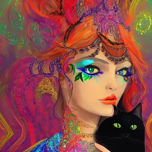 Image similar to A beautiful and mysterious woman in an intricate and colorful gown, with a black cat at her feet, digital painting, no blur, close up, details, sharp focus, elegant, highly detailed, trending on artstation, pixiv, and deviantart