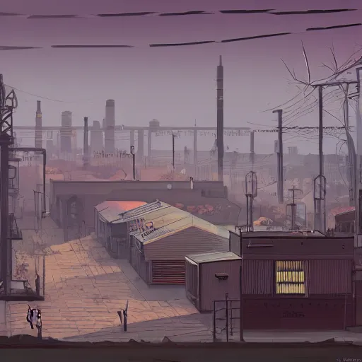 Prompt: An industrial, gloomy city, in the style of Disco Elysium concept art