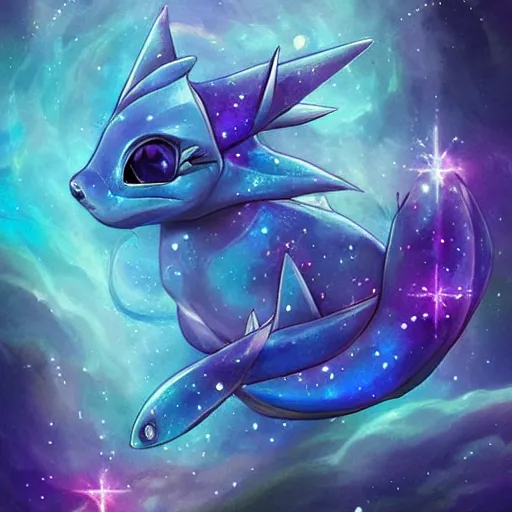 Image similar to geometric symmetrical vaporeon with galaxy eyes in space, nebula in the background, intricate, elegant, highly detailed, digital painting, artstation, concept art, smooth, sharp focus, illustration, art by artgerm