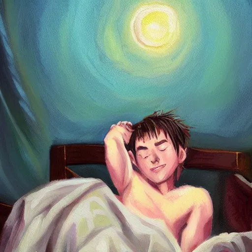 Prompt: an epic fantasy book style painting of a sleepy cute boy on his bed looking and smiling