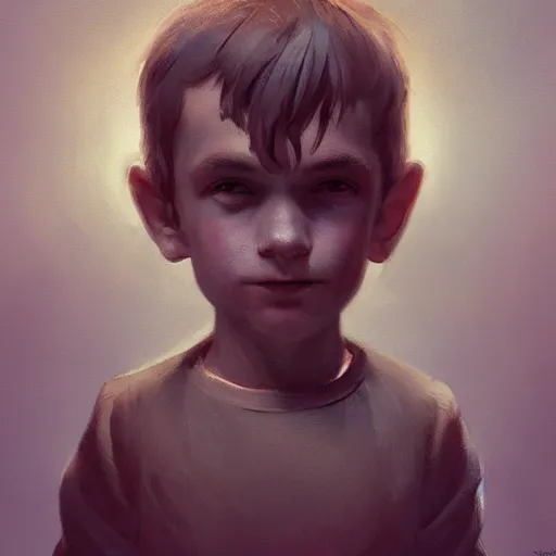 Prompt: A little boy who was alwayshappy-go-lucky, Graceful body structure,cute,Symmetrical face,highly detailed,elegant,Marc Simonetti and Caspar David Friedrich, Trending on artstation