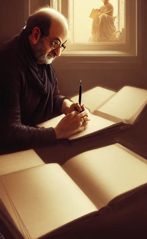 Image similar to portrait of salman rushdie writing, deep focus, d & d, fantasy, intricate, elegant, highly detailed, digital painting, artstation, concept art, matte, sharp focus, illustration, art by artgerm and greg rutkowski and alphonse mucha