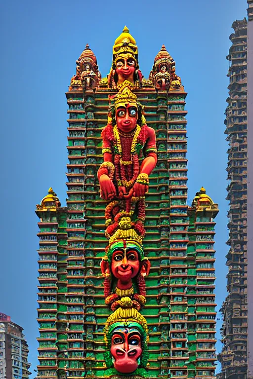 Image similar to hanuman! head building in mumbai!! centre, kalighat, highly detailed, high quality 3 d futuristic biomorphic, cinematic smooth, berenice abbott & john j. park, dramatic warm morning light, wide shot, high angle, uhd 8 k, sharp focus