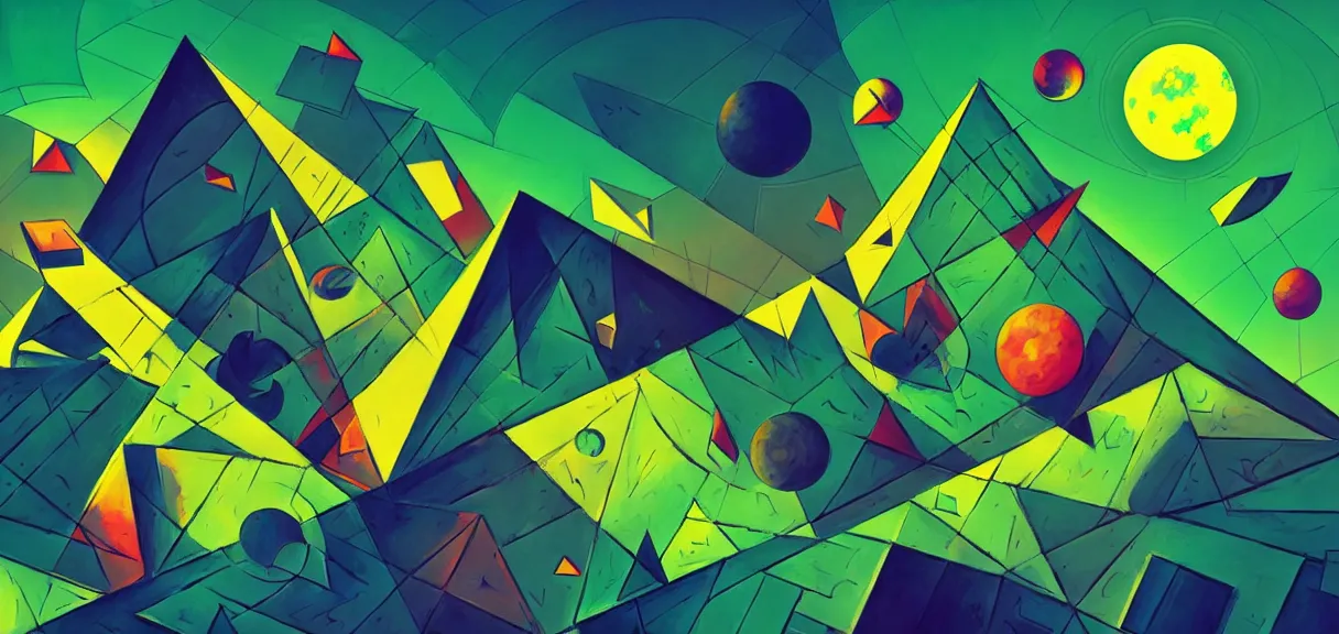 Prompt: post - minimalism comic abstract cubism portrait of triangle city, top down view, the moon orbiting other moons, iridescent clouds, green vibrant color scheme, highly detailed, in the style of romanticism, cinematic, artstation, moebius, greg rutkowski