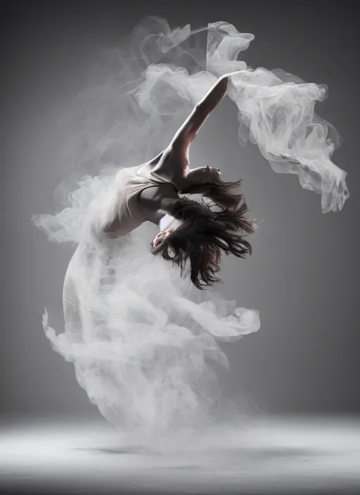 Image similar to a Photorealistic dramatic hyperrealistic render of a glamorous beautiful Female smoke dancer by Ken Brower and Deborah Ory of NYC Dance project,Lois Greenfield,Flowing cloth and smoke,Beautiful dynamic dramatic dark moody lighting,volumetric,shadows,cinematic atmosphere,Octane render,8K