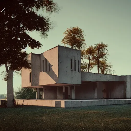 Image similar to brutalist villa on edge of a lake, antoni gaudi and le corbusier, photorealistic, cinematic, volume light, rendered in octane, artstation