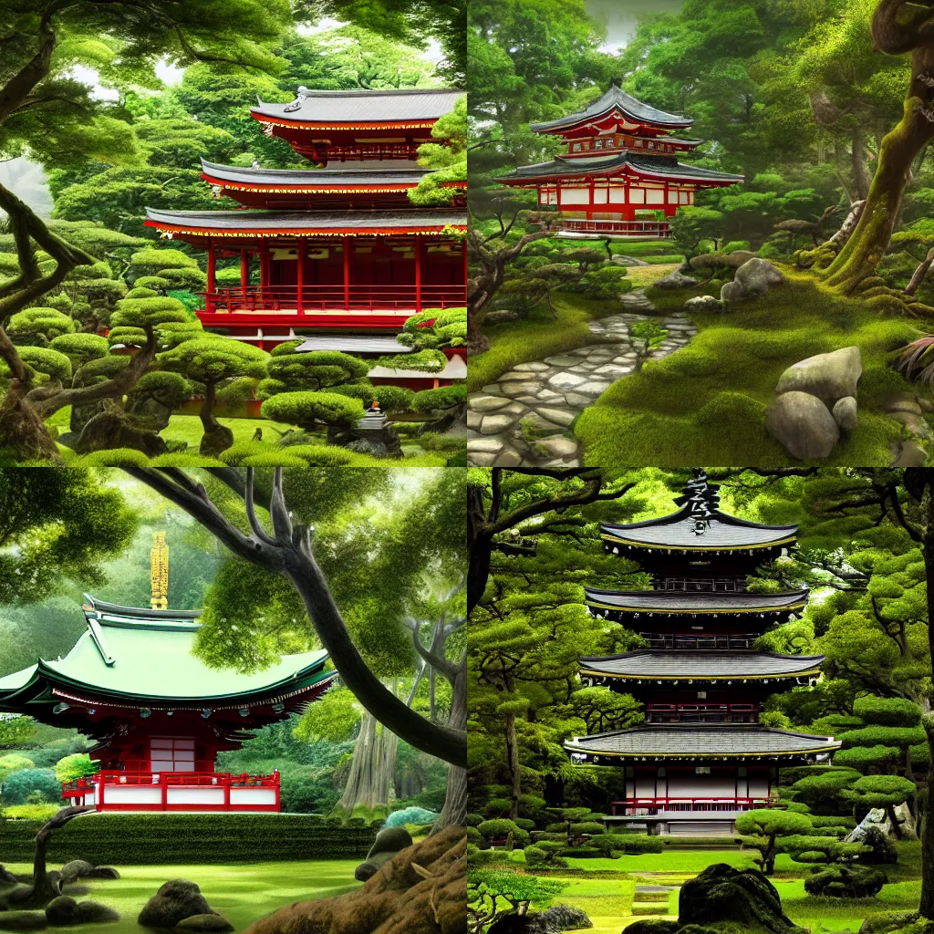 Prompt: Japanese temple in a lush forest, highly detailed, trending on artstation