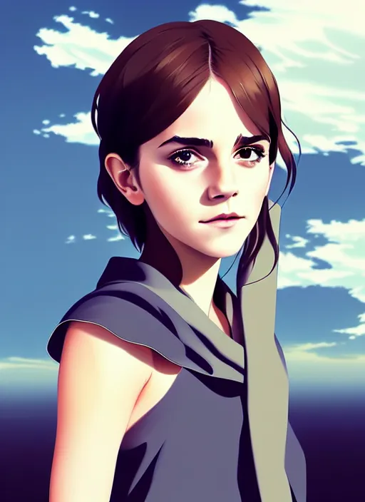 Prompt: portrait of a emma watson by ilya kuvshinov, cloudy sky background lush landscape illustration concept art anime key visual trending pixiv fanbox by wlop and greg rutkowski and makoto shinkai and studio ghibli