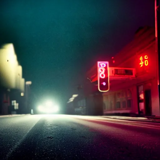 Image similar to A stunningly beautiful award-winning 45 degree down angle 8K high angle cinematic movie photograph of a spooky foggy lightless main intersection in an abandoned 1950s small town at night, by David Fincher and Darius Khonji, cinematic lighting, perfect composition, moody low key volumetric light. Color palette from Seven, greens yellows and reds. 2 point perspective, high angle from 15 feet off the ground. Octane render