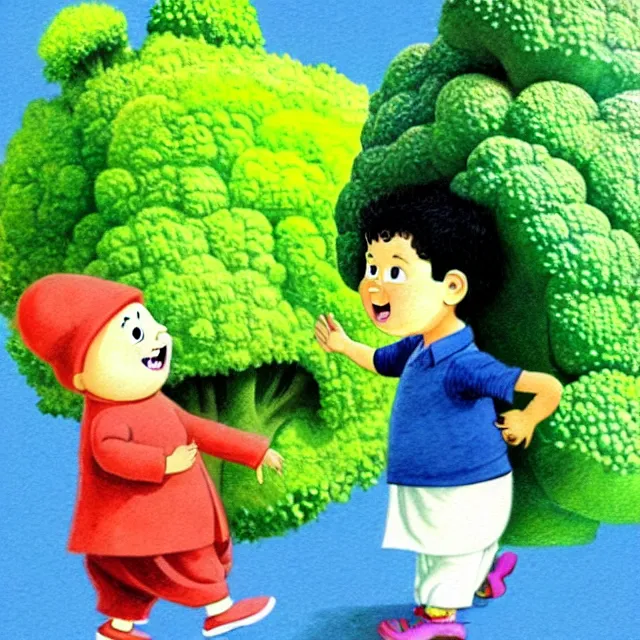 Image similar to professional kids book illustration of a Pakistani toddler boy walking beside a friendly anthropomorphic broccoli, best on artstation,, astonishing, impressive, outstanding, cheerful, stunning, masterpiece by Maurice Sendak, Eric Carle, and Beatrix Potter.