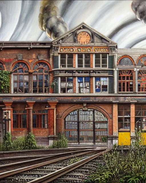 Image similar to a beautiful detailed painting of urbex nature architecture unfinished building industrial architecture railway station by stanley spencer, san andreas, archdaily, wallpaper, highly detailed, trending on artstation.