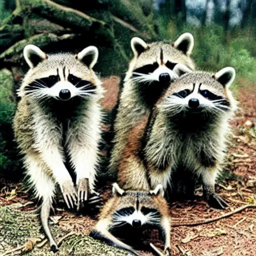 Image similar to raccoons on a camping trip, 1 9 8 0 s photo