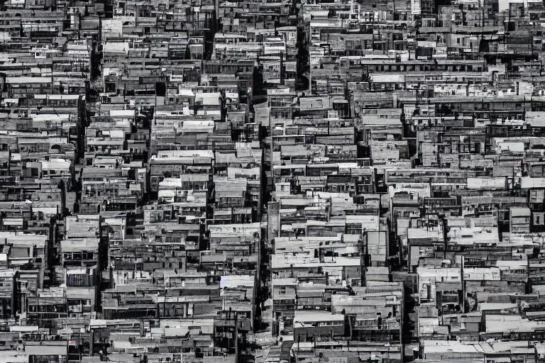 Prompt: looking down street, warehouses lining the street. hill background with radio tower on top. telephoto lens compression.