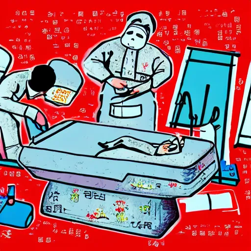 Image similar to chinese surgery operating table, in the style of daniel johnston and outsider art, 8k, line brush, overlaid with chinese adverts