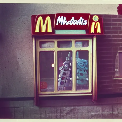 Image similar to daleks at a vintage McDonalds drive thru window, kodak Ektachrome 10, 35mm