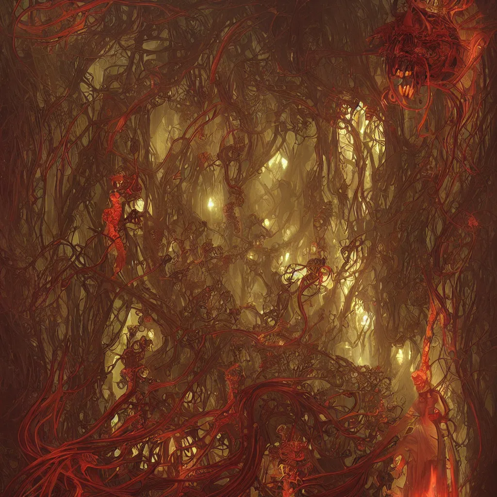 Image similar to fungus monsters by john sweeney and chris mars, red veins by alphonse mucha, intense lighting, light beams, lens flare, intricate, elegant, nightmare, highly detailed, digital painting, artstation, concept art, smooth, sharp focus, illustration