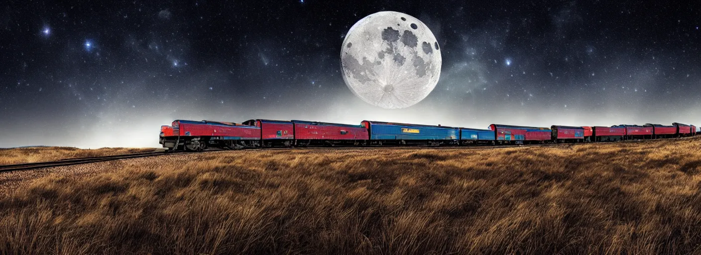 Image similar to long organic weird cronenberg rocket train mountain starry moonlit night sky, amazing wide landscape digital art 4k