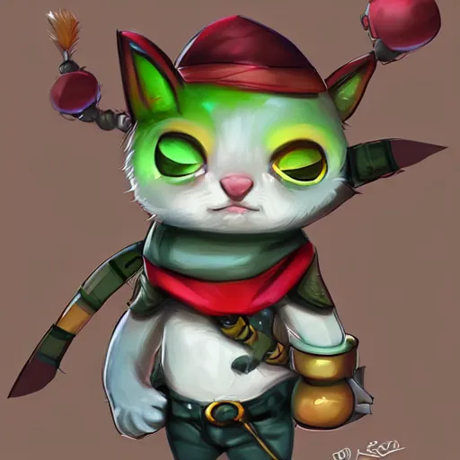 Image similar to grey american shorthair cat as teemo from league of legends, digital painting, artwork by ross tran