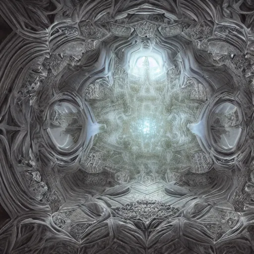 Image similar to a hyperrealistic 3 d painting of a huge sprawling fractal cathedral interior populated by mandelbrot fractals by android jones, unreal engine, carved stone, carved soap, white color scheme, volumetric lighting, octane render, dramatic lighting, glowing, carved marble, opalescent, sacred geometry, religious, angelic, catholicpunk, stark, 8 k, ultra detailed