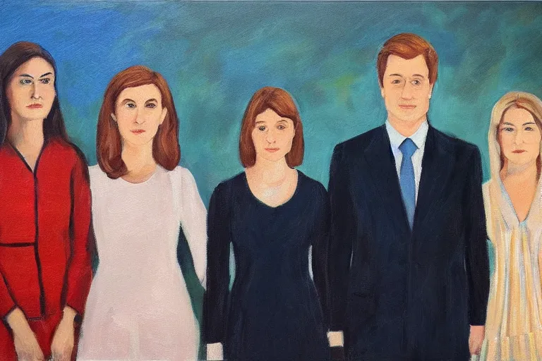 Image similar to official government portrait of a young, handsome prime minister and his two girlfriends, oil painting, 2 1 st century, official portrait, powerful, serious