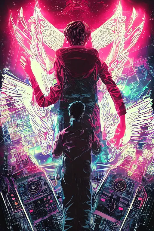 Image similar to white arc-angel with mystic robotic wings, blade runner, akira, ghost in the shell, 2077, style of Laurie Greasley and Satoshi Kon + symmetric lights and smoke, psychedelic effects , glowing particles, neon rain, glowing runes, de-noise, symmetrical composition, high detailed + tarot card, ornate border, 8k