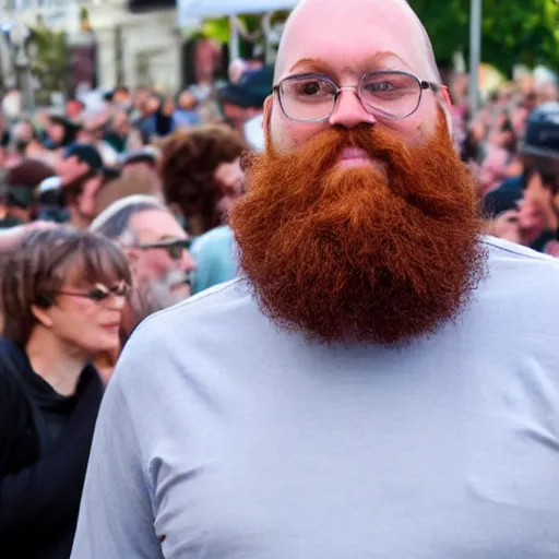 Image similar to a 7 foot tall, ginger, husky bodied, full bearded, balding middle aged man walking among the crowd