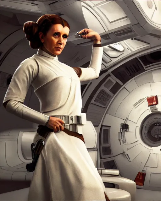 Image similar to portrait of princess leia on the millennium falcon, star wars, gta v, hyper realistic, glamorous pose, ambient lighting, concept art, intricate, hyper detailed, smooth, action, volumetric lighting, george lucas, arney fretag, ralph mcquarrie, octane