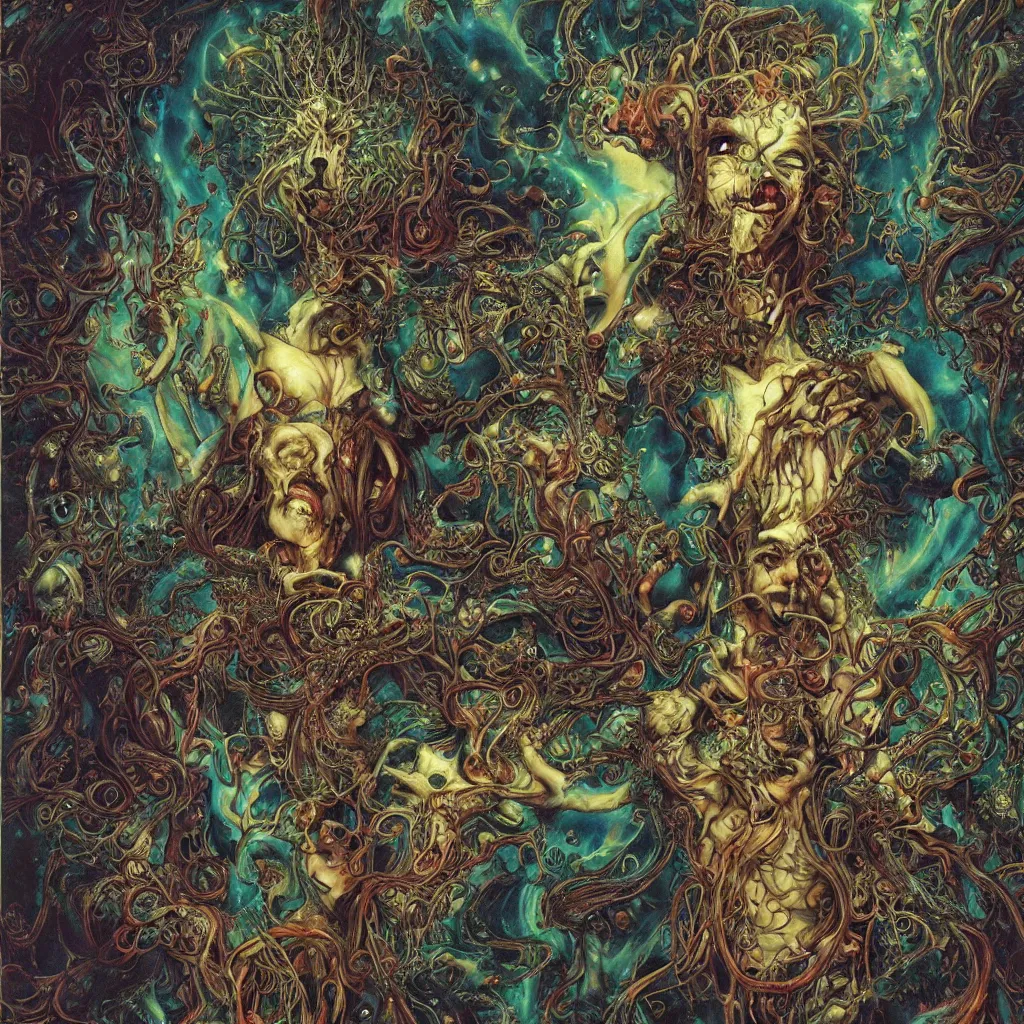 Prompt: realistic detailed image of Bioluminescent Body Horror God by Lisa Frank, Ayami Kojima, Amano, Karol Bak, Greg Hildebrandt, and Mark Brooks, Neo-Gothic, gothic, rich deep colors. Beksinski painting, part by Adrian Ghenie and Gerhard Richter. art by Takato Yamamoto. masterpiece, religious art