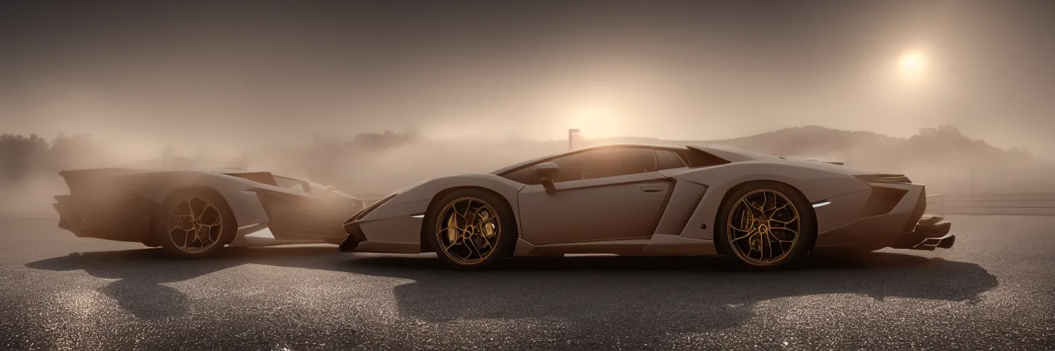 Image similar to parked lamborghini sian, fog, volumetric lighting, beautiful, golden hour, golden ratio, sharp focus, highly detailed, cgsociety