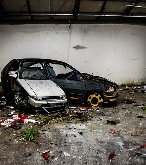 Prompt: crashed ek9 civic, abandoned in a derelict garage, dust mist, rural, damage, mold, greenery