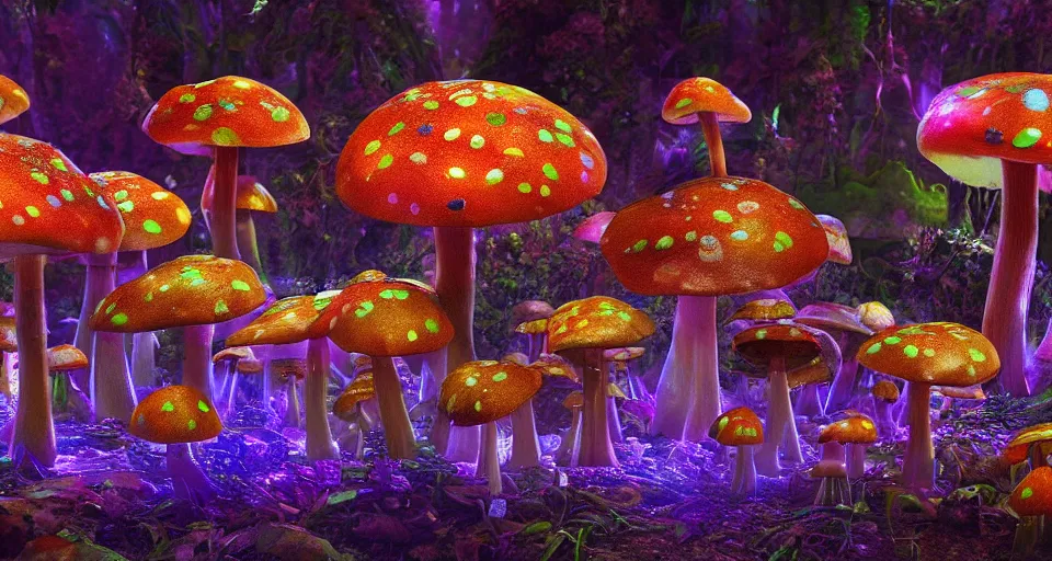 Image similar to A hyperrealistic photo of a kaleidoscopic mushroom forest, with glowing mushrooms, and pixies, 8k, ultra detailed, volumetric lighting, 70mm