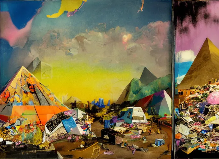 Prompt: dumpster with colorful huge baroque trash can, montain view landscape with a semitranslucent inverted floral pyramids, opaque shattered windows and twisted porcelain bats, in a golden sunset sky, by adrian ghenie, francis bacon, daniel richter and hilma af klint, highly detailed painting, graffiti letters, decollage, children painting, amateur