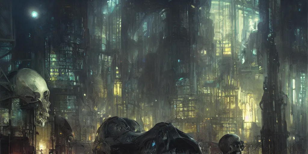 Image similar to hyperrealist matte painting of an enormous glowing futuristic building shaped like a skull at night by jeremy mann and alphonse mucha and alan lee, fantasy art, photo realistic, dynamic lighting, artstation, poster, volumetric lighting, very detailed faces, award winning