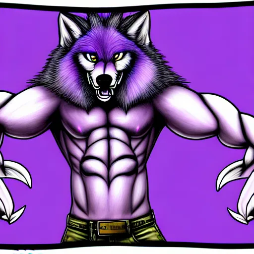 Prompt: anthropomorphic muscular purple wolf, generic furry style, wearing jeans, deviant art, professional furry drawing, insanely detailed, artistic design, hyper detailed wolf - like face, doing a pose from jojo's bizarre adventure, detailed veiny muscles, exaggerated features, beautiful shading, huge spikey teeth, grinning, detailed face