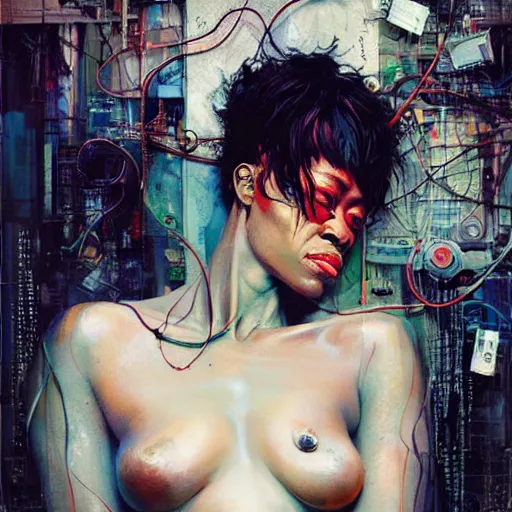 Prompt: angela bassett cyberpunk dreaming, wires cybernetic implants, in the style of adrian ghenie, esao andrews, jenny saville,, surrealism, dark art by james jean, takato yamamoto