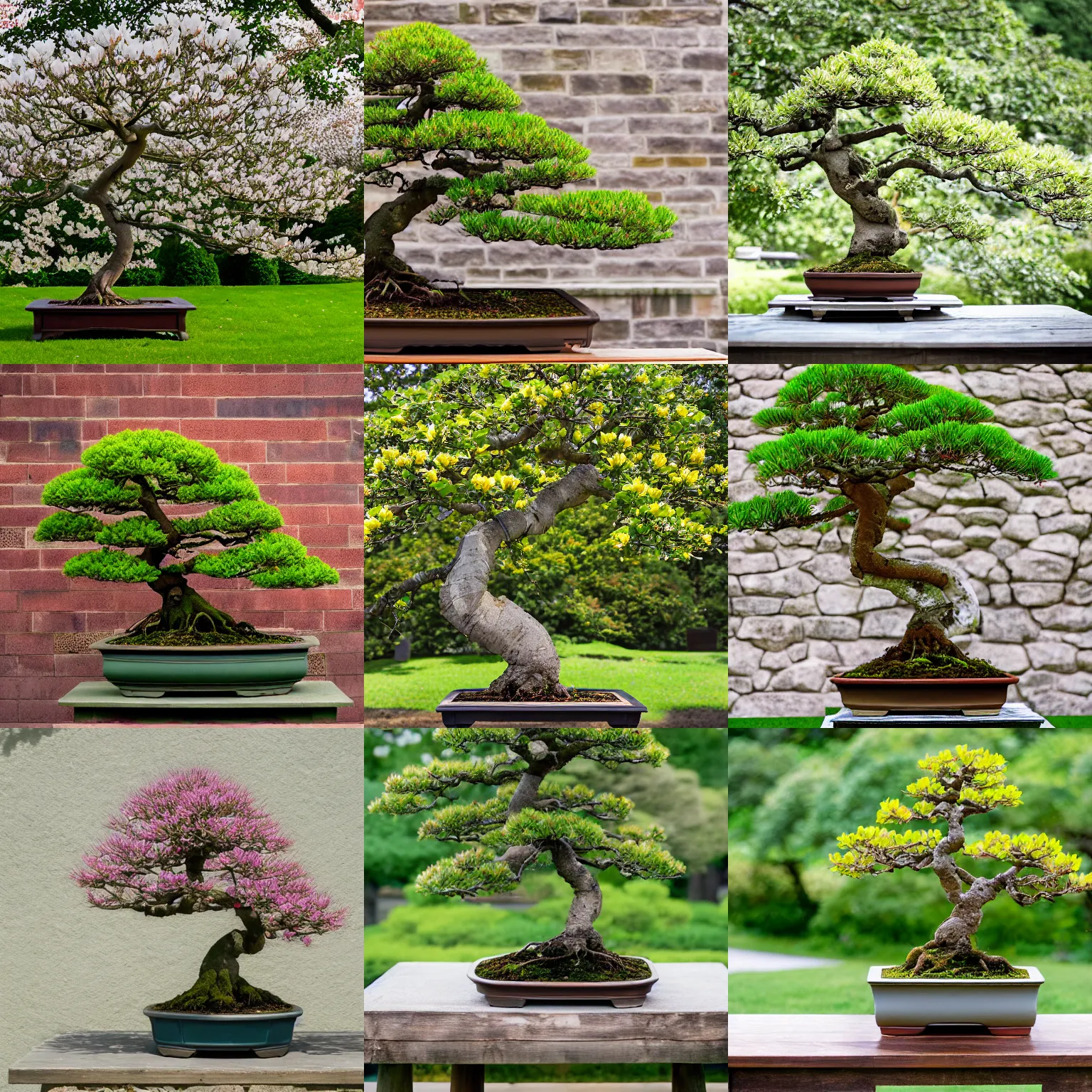 Prompt: Bonsai tulip tree in training since 1687, photograph from the national arboretum, white stone wall background, sitting outdoors on a wooden table, Canon EOS R3, f/1.4, ISO 200, 1/160s, 8K