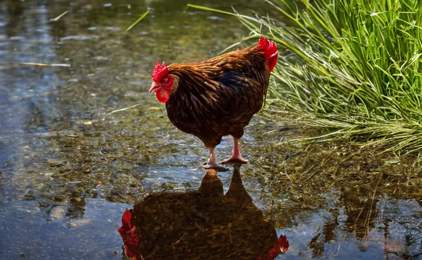 Image similar to Professional photo of a Close up photo of a chicken, drinking water from a lake in Tasmania, bokeh, 100mm lens, 8K award winning nature photography