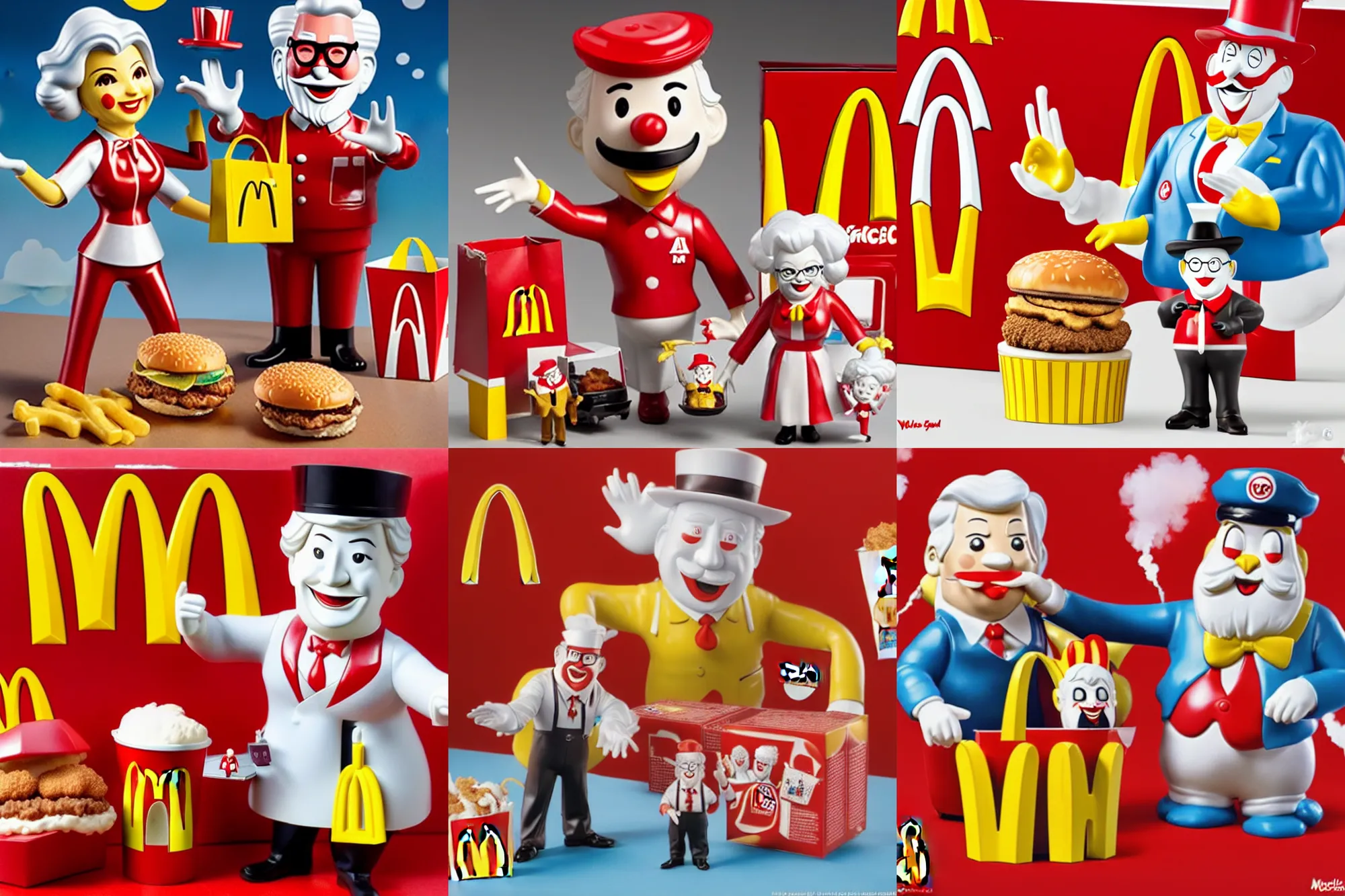 Prompt: A McDonald's happy meal toy of Wendy from Wendy's and Colonel Sanders from KFC, with the Hamburgler detonating a bomb destroying all of the toys. 4k, highly detailed. award winning. look at all that detail!