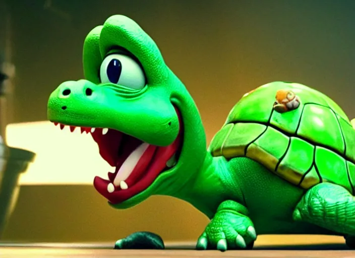 Image similar to film still of yoshi in the new sci - fi movie, cute upright dinosaur with a small turtle shell and long tongue, 8 k