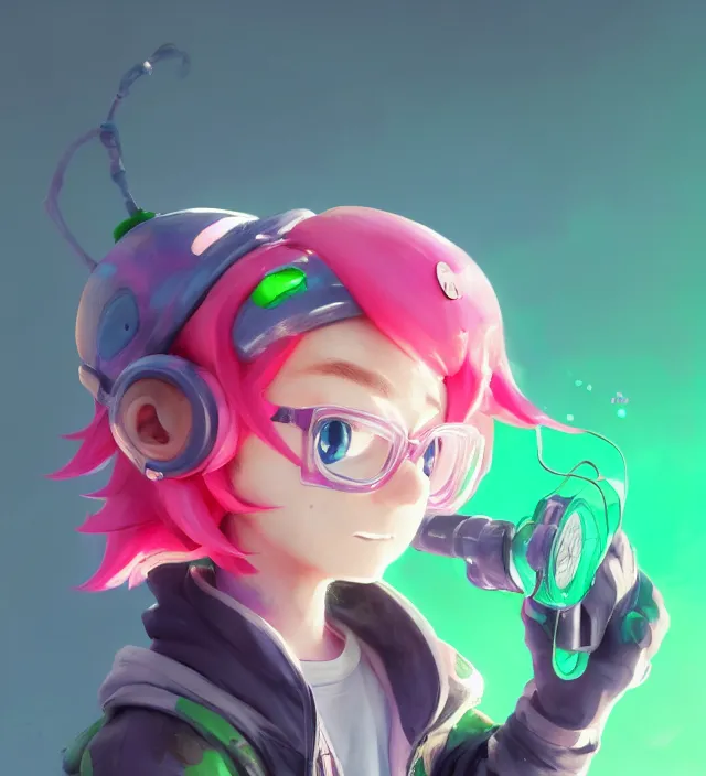 Prompt: a beautiful portrait of a cute splatoon anime boy with pink hair wearing a green hoodie. character design by cory loftis, fenghua zhong, ryohei hase, ismail inceoglu and ruan jia. artstation, volumetric light, detailed, photorealistic, fantasy, rendered in octane