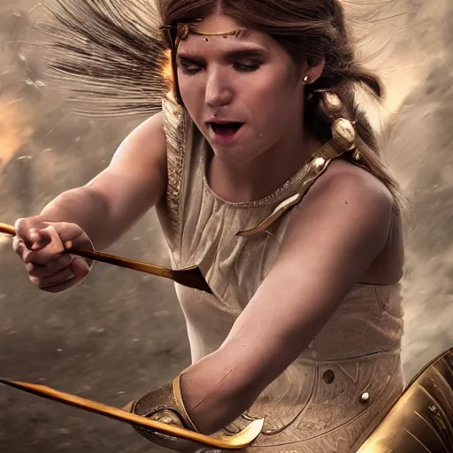 Image similar to Greek goddess Athena fighting with stupidity, stupidity is represented by internet influencers, realistic person, spear in the right hand, long hair, natural look, realistic photography, hyper realistic, highly detailed, 4k, battle landscape