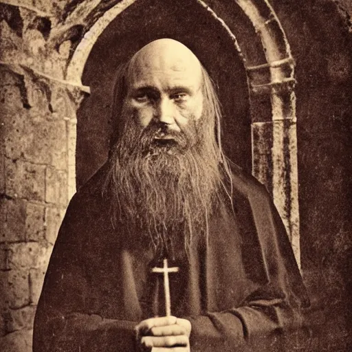 Image similar to medieval abbot, medieval monastery, hallowed halls, tintype photograph, 1100 AD photography, medieval Italy