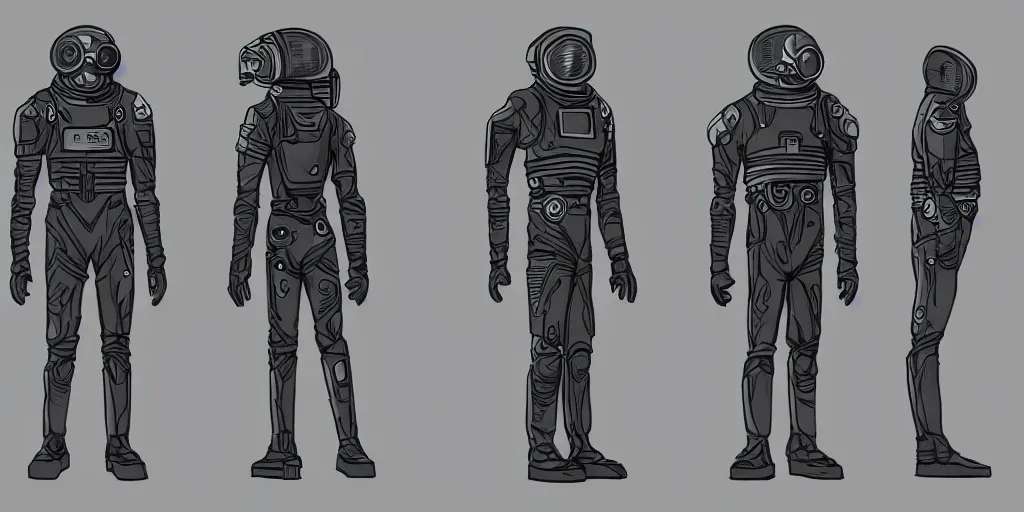 Image similar to male, fully body, elongated figure, science fiction space suit with a helmet, large shoulders, short torso, long thin legs, tiny feet, character sheet, funko, digital sketch, hyperdetailed, dieselpunk, stylized character design, concept design