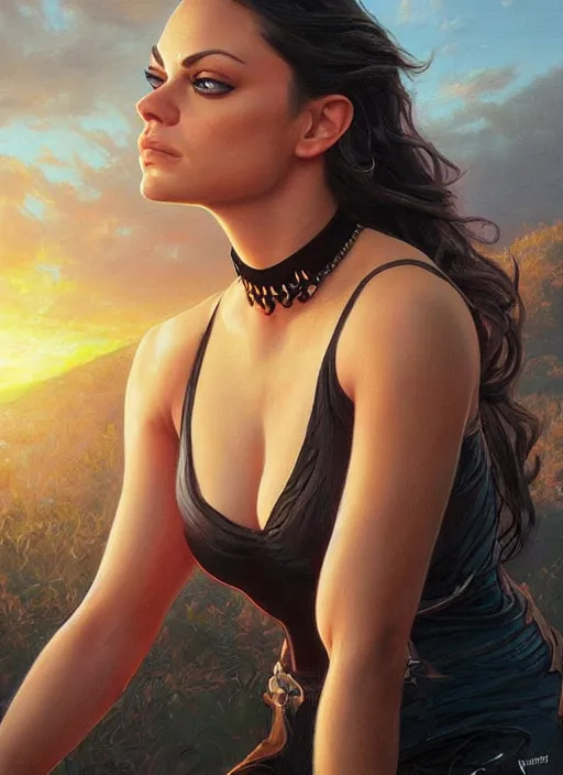 Image similar to epic portrait of Mila Kunis wearing black choker, a very strong muscled Amazon heroine, sun beams across sky, pink golden hour, intricate, elegance, highly detailed, shallow depth of field, epic vista, concept art, art by Artgerm and Donato Giancola, Joseph Christian Leyendecker