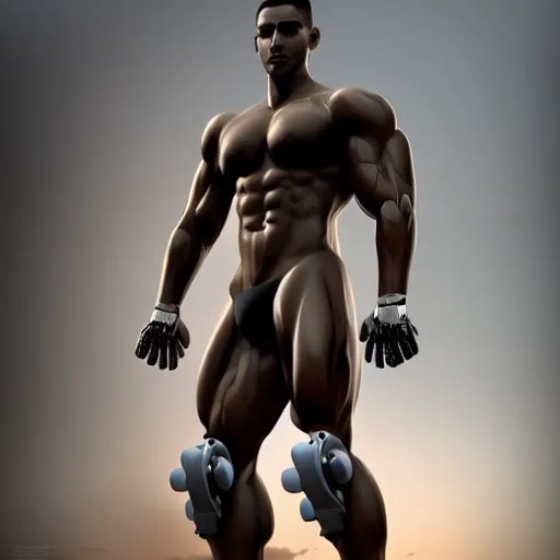 Image similar to a realistic detailed photo of a bodybuilder who is also a male android Chris Redfield, shiny skin, posing robotically, blank stare