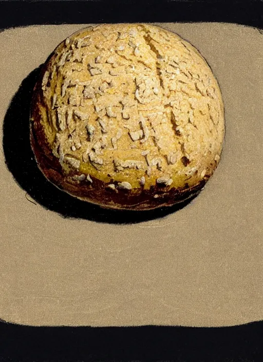 Image similar to an extreme close - up portrait of a spherical bread with face on it on a path in forest, by billy childish, thick visible brush strokes, shadowy landscape painting in the background by beal gifford, vintage postcard illustration, minimalist cover art by mitchell hooks